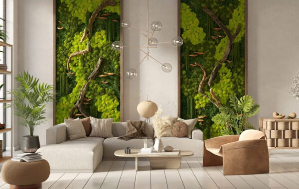 Living room with a distinctive moss wall panel, part of the Houston collection, adding a touch of natural greenery and texture to the space.