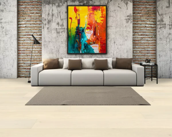 Bali hardwood flooring in a contemporary living room with exposed brick walls and modern artwork.