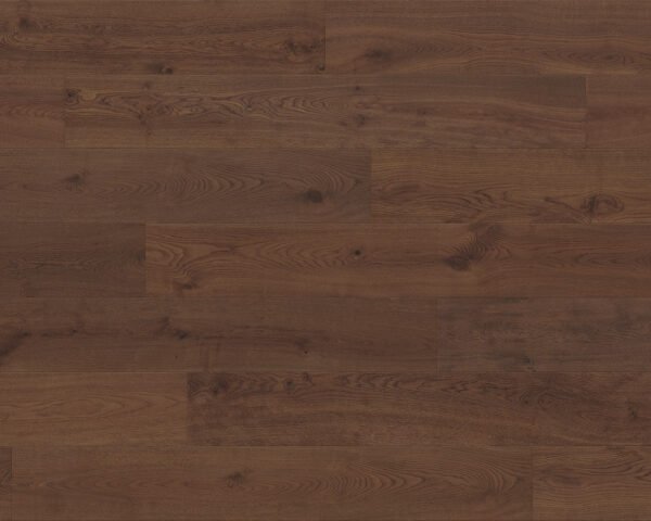 Top-down view of Hawea hardwood flooring in rich, dark oak finish with visible wood grain and knots.